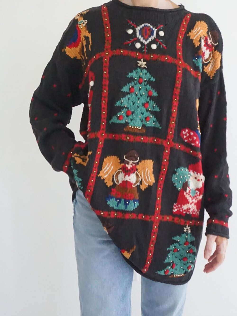 Vintage Valerie Stevens Black Christmas Angel Santa Trees Holiday Knit Sweater M
